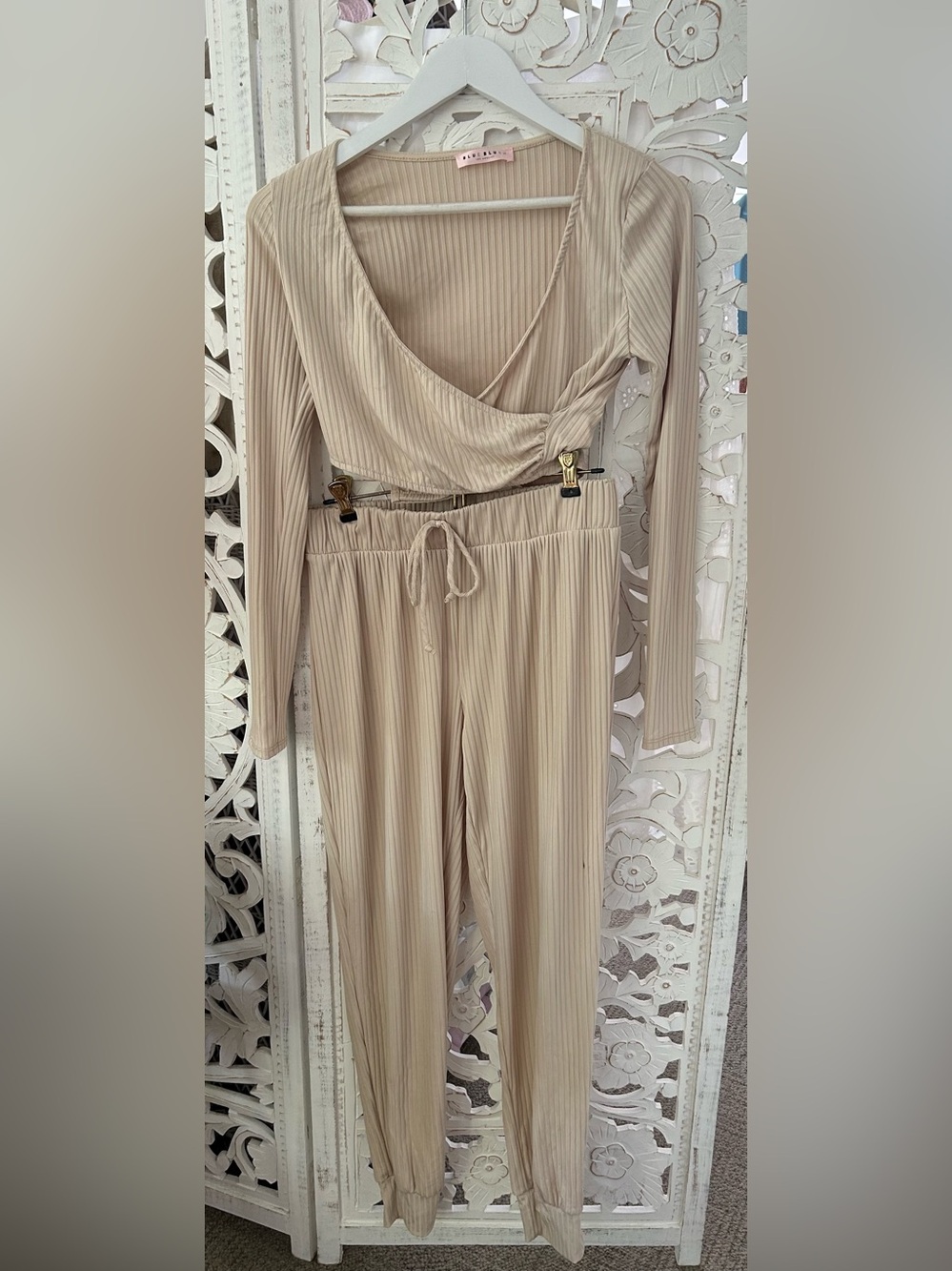 Blue Blush Ribbed Drawstring Joggers & Wrap Top Pilates lounge Set in Beige